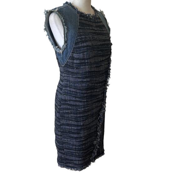 Rebecca Taylor Blue Tweed and Denim Sleeveless Shift Dress Fringe Womens Size 4 - Picture 5 of 8
